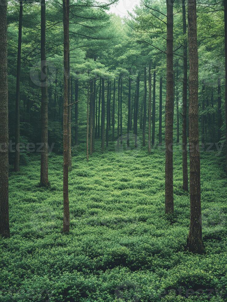 serene forest scene with tall trees and lush green undergrowth. photo
