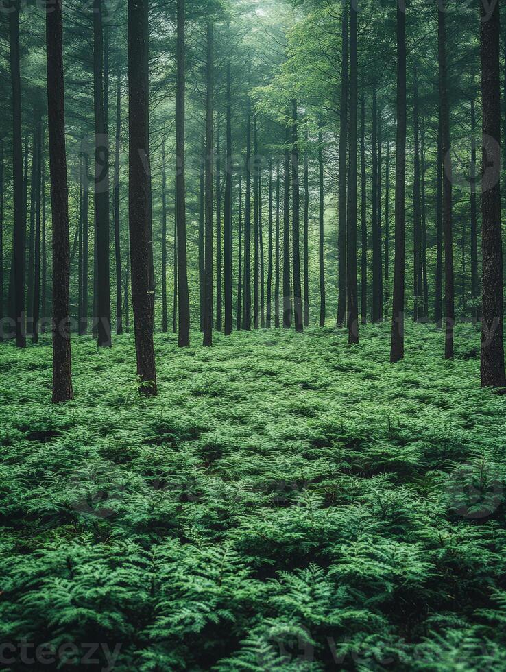 A serene forest with tall trees and lush green undergrowth. photo