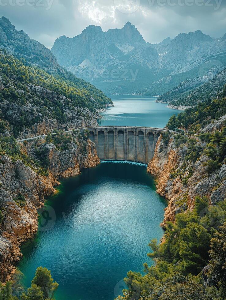 view of a dam surrounded by mountains and a tranquil lake. photo
