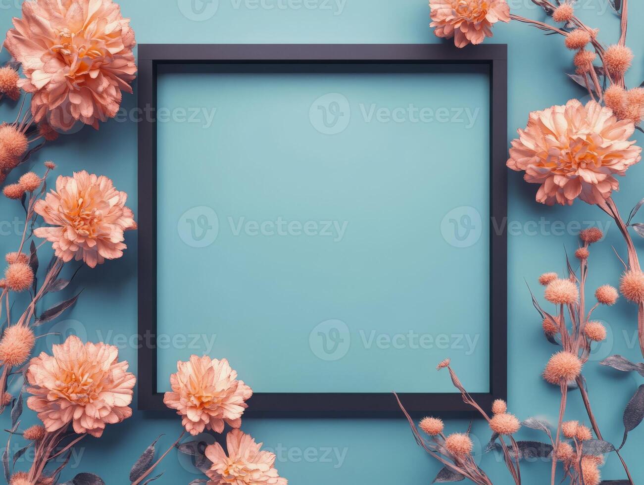 A decorative frame surrounded by flowers on a blue background, ideal for presentations. photo