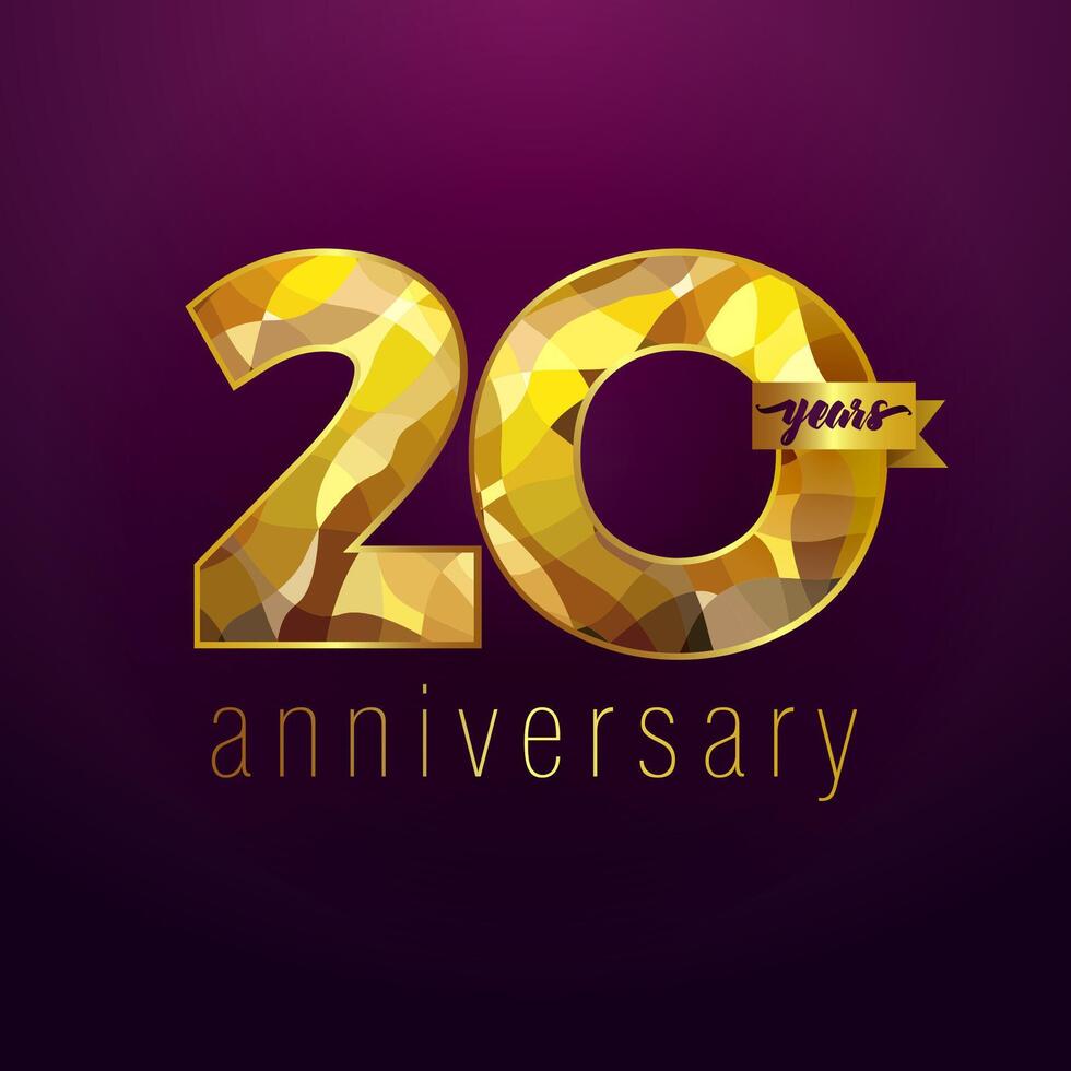 Happy 20th anniversary creatibe bold golden logo with stained glass pattern and 3D ribbon. Up to 20 percent off idea. Mosaic textured age icon. vector