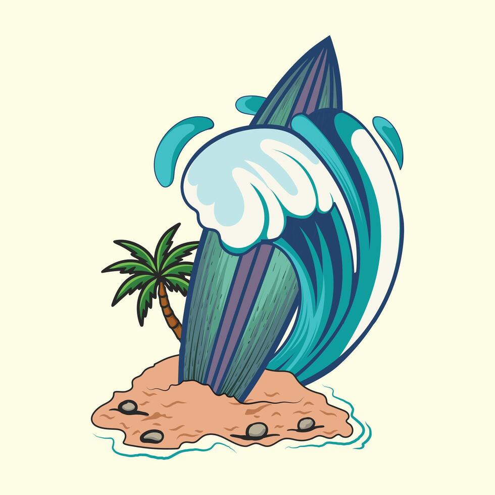 Summer Surfing boad with water wave illustration design. vector