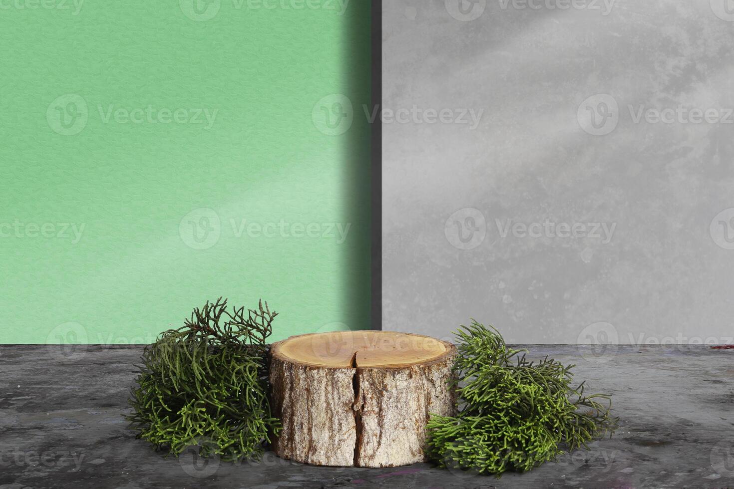 wooden log podium and spruce leaves photo