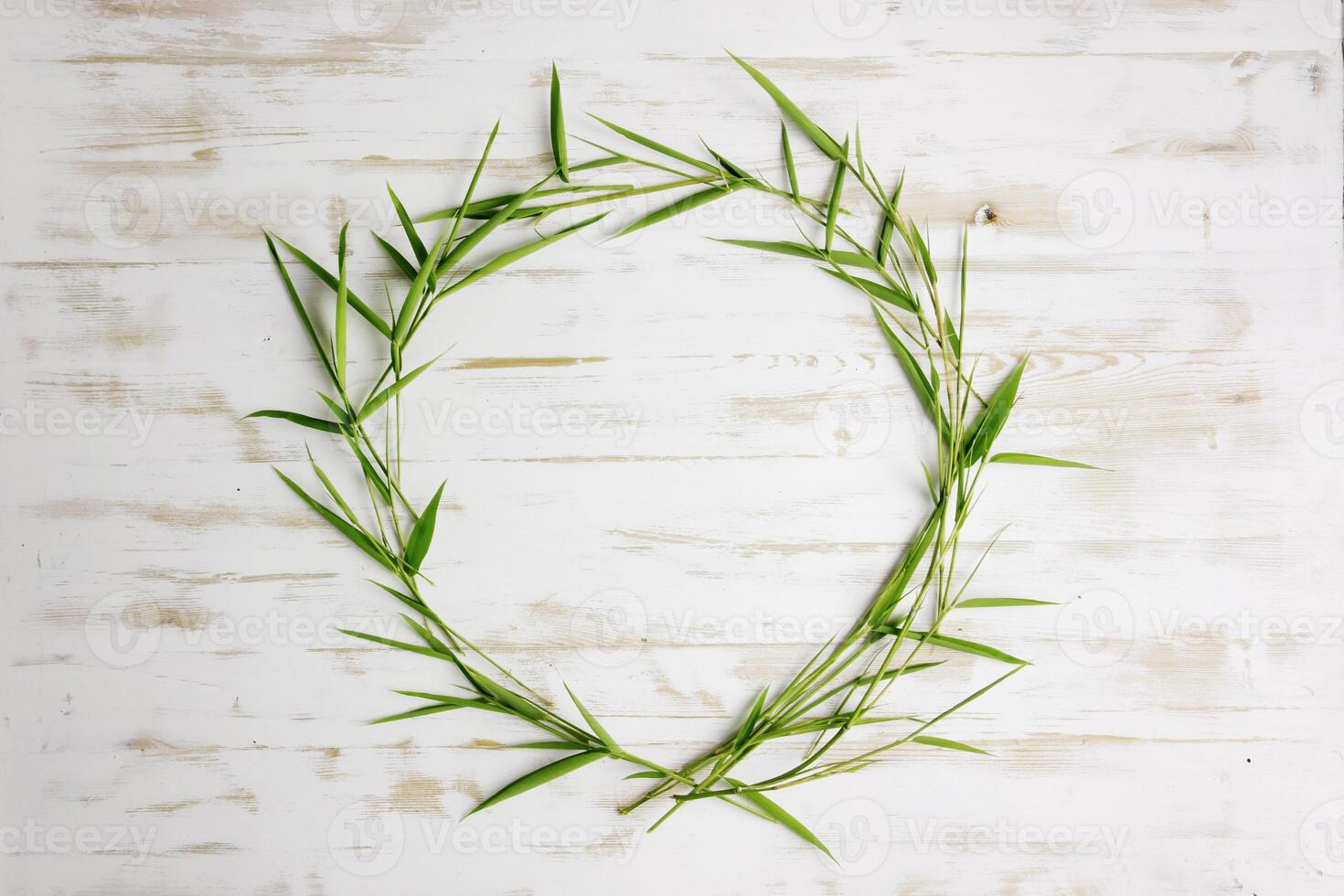bamboo leaves and white wooden background photo
