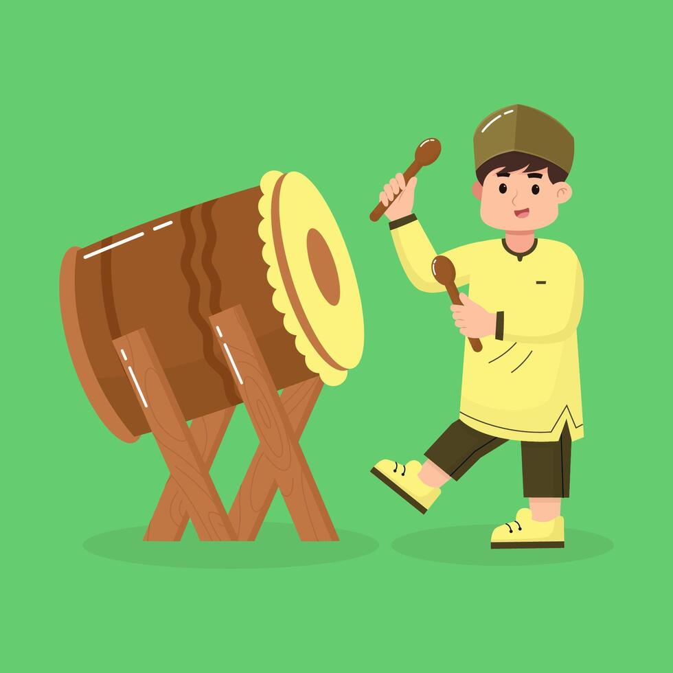 Muslim celebrating eid al fitr by beating the drum vector