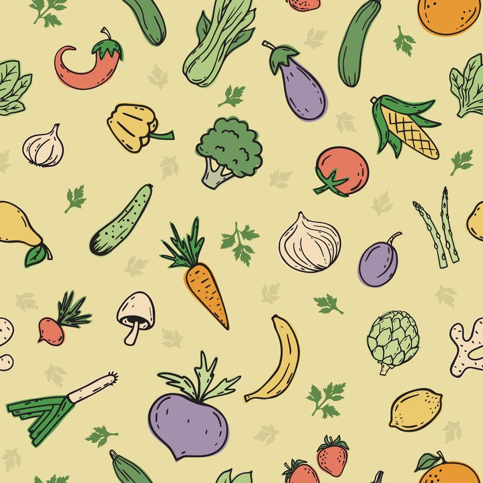 Hand drawn seamless vegetable, berries and fruits vector