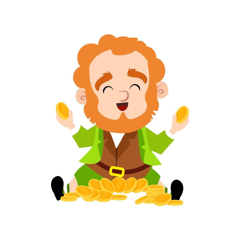 Cute smiling leprechaun sitting on gold coins vector