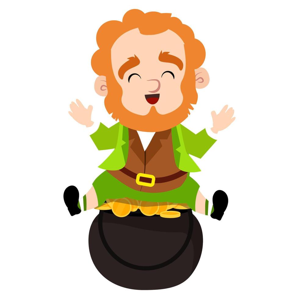 A cheerful red-haired leprechaun in a green suit laughs and sits on a pot with gold coins vector