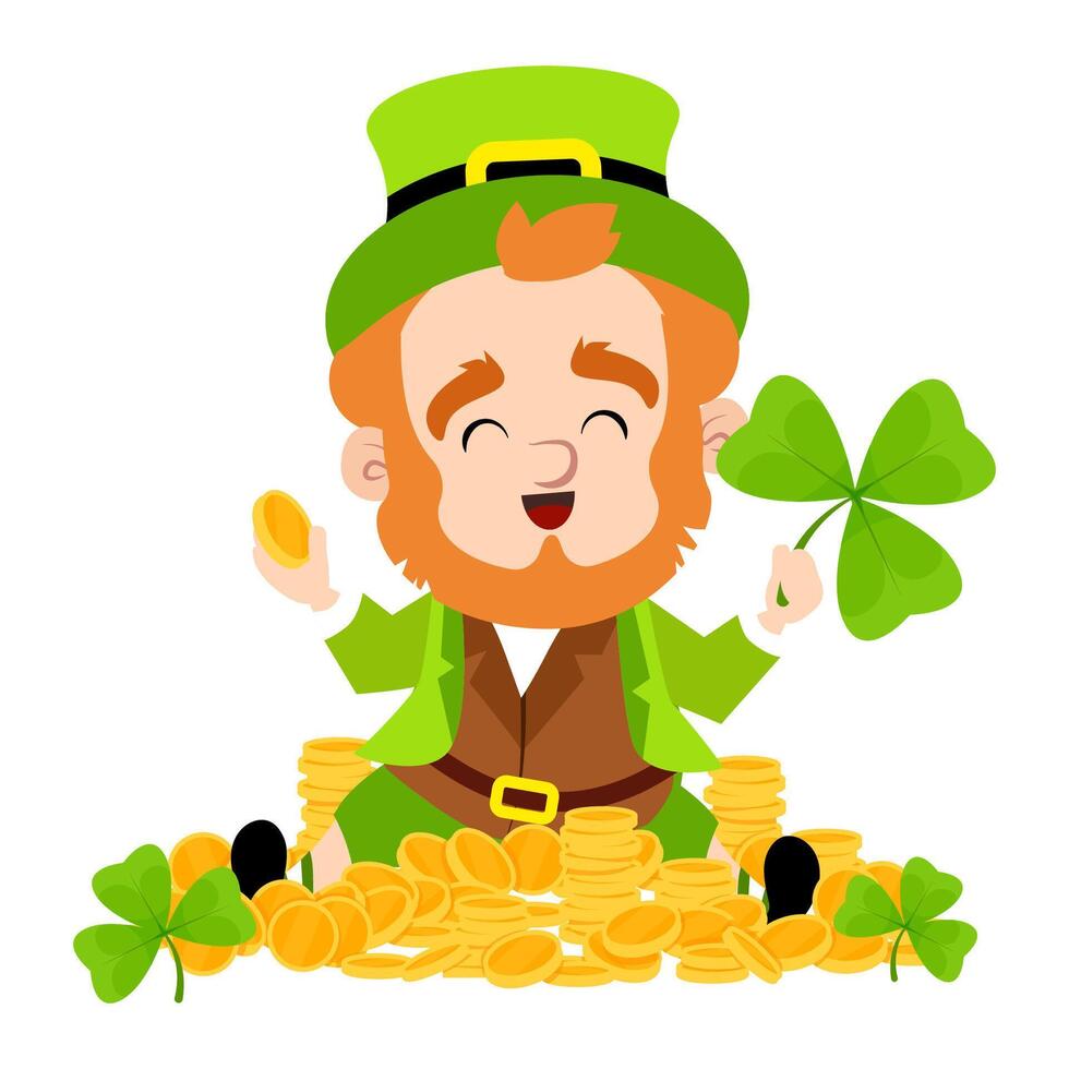 Funny cute leprechaun with shamrock sitting on a pile of gold coins vector