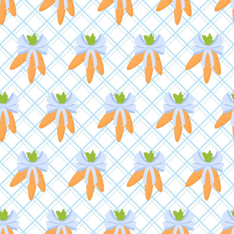 Easter retro seamless pattern of bunches of carrots with a bow and diagonal lines vector