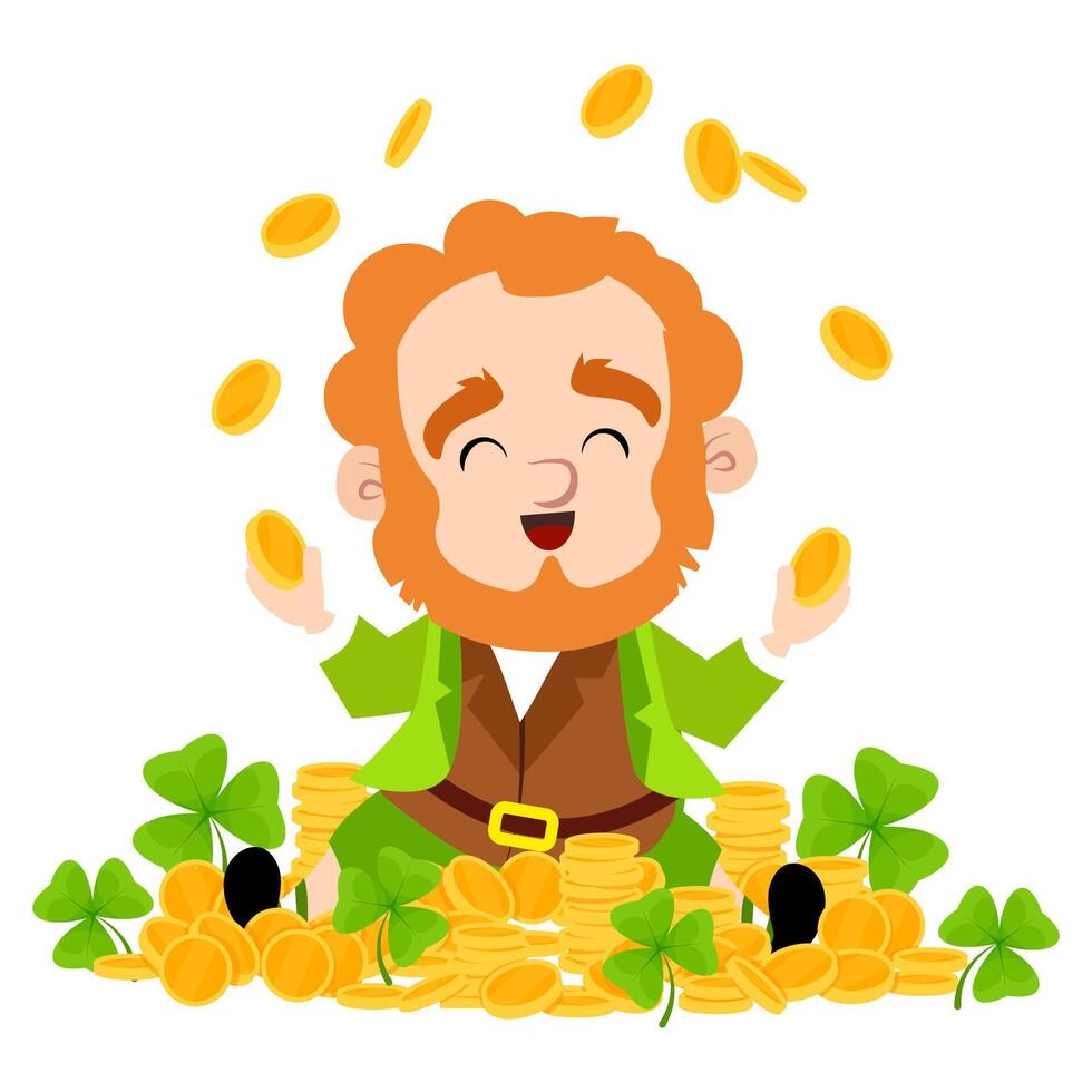 Cute laughing leprechaun with red hair throws gold coins up and sits on a pile of gold coins vector