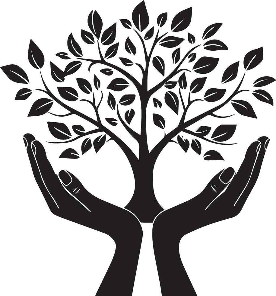 Human hands and tree with leaves black silhouette vector