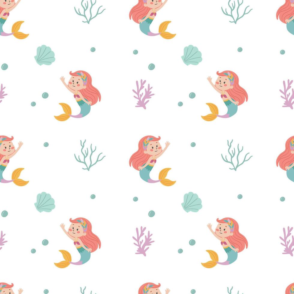 Seamless pattern with cute cartoon mermaids and sea shells. for children's products. vector
