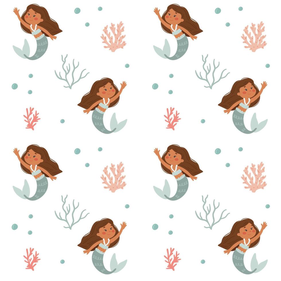 Seamless pattern with cute cartoon mermaids and sea shells. vector