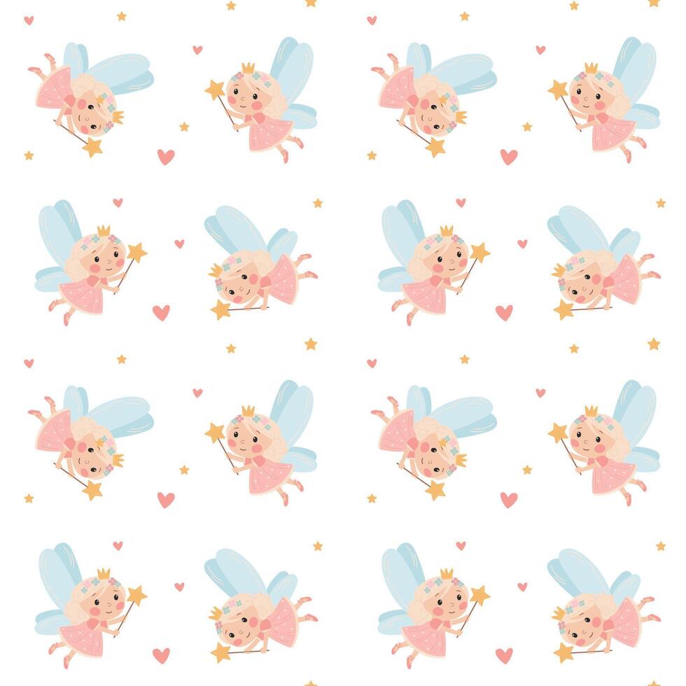 Seamless pattern in a simple children's style. Princess with wings. Cute fairy with wings vector