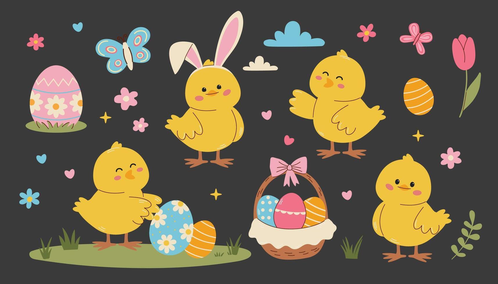 Set of flat illustrations for Easter day. Cute Easter bunnies, chickens, egg basket, Easter eggs, flowers and butterflies. Happy Easter inscription vector