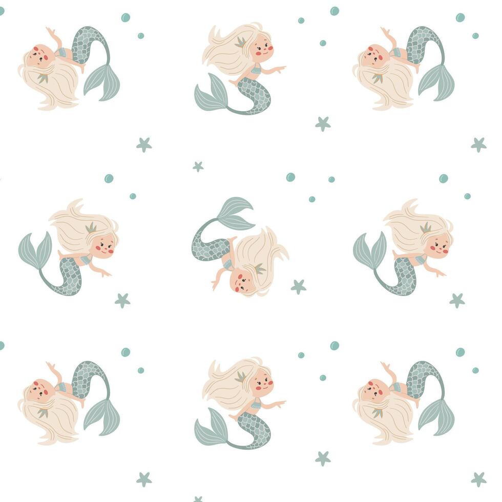 Seamless pattern with cute cartoon mermaids and sea shells. for printing on children's products. vector