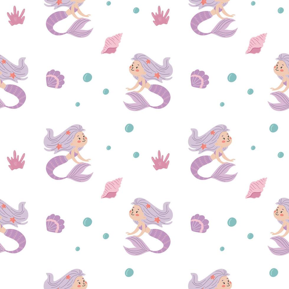 Seamless pattern with cute cartoon mermaids and sea shells vector