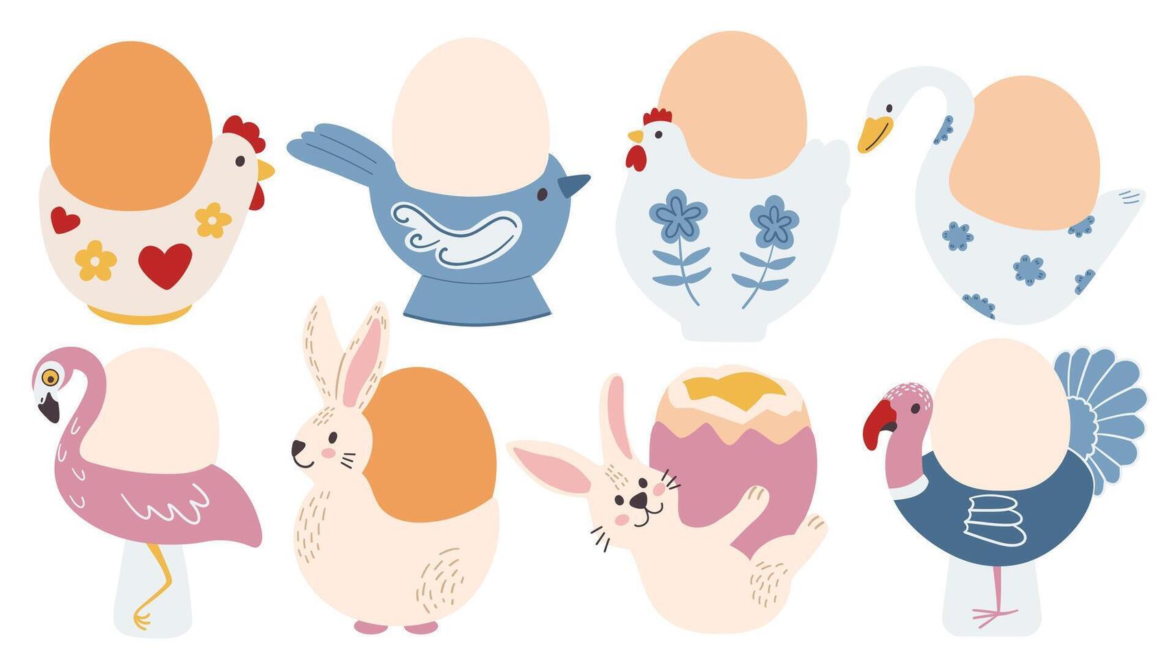 Egg stand. Cute Easter set with eggs, bunny, chicken, bird, chick. illustration. vector
