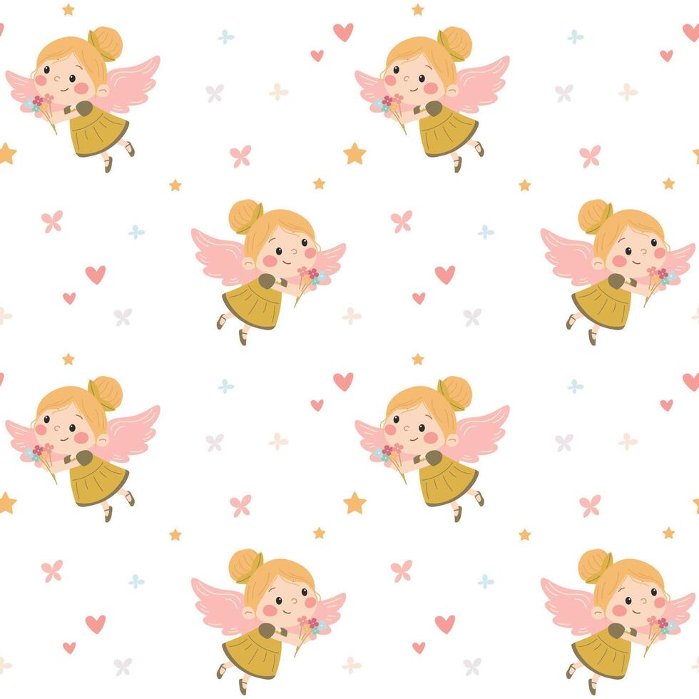 Seamless pattern in a simple children's style. Princess with wings. Cute fairy with wings, stars, hearts vector