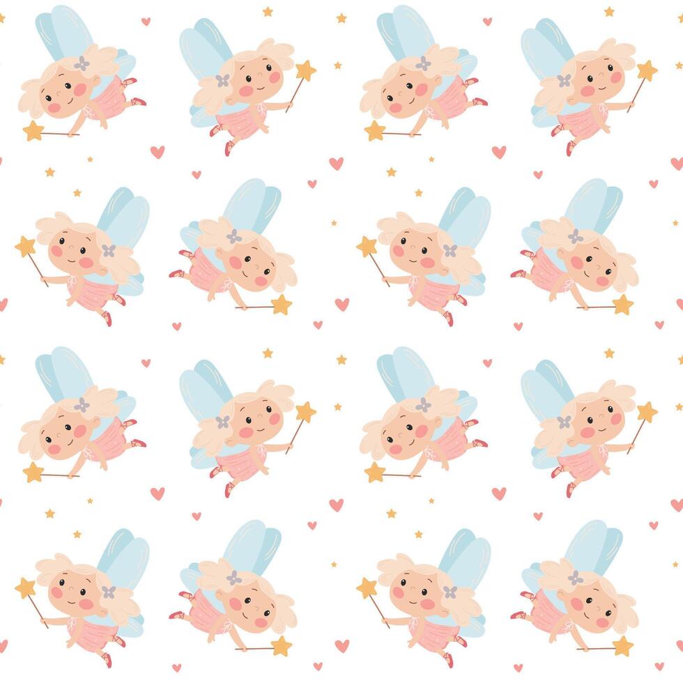Seamless pattern in a simple children's style. Princess with wings. Cute fairy with wings, stars vector