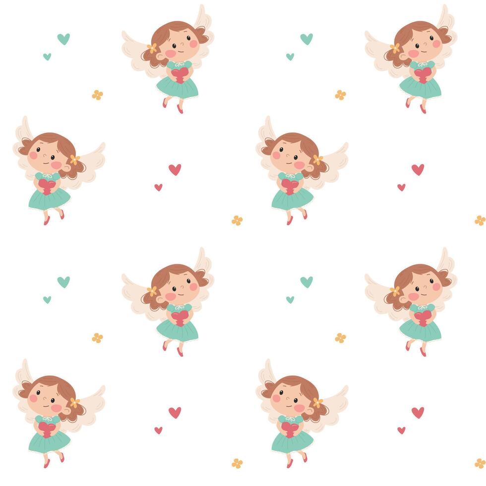 Seamless pattern in a simple children's style. Princess with wings. vector