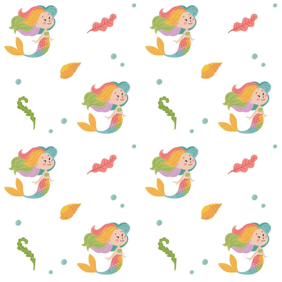 Seamless pattern with cute cartoon mermaids and sea shells. for printing on children's vector