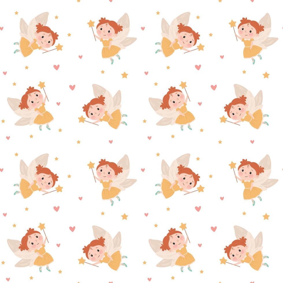 Seamless pattern in a simple children's style. Princess with wings. Cute fairy vector