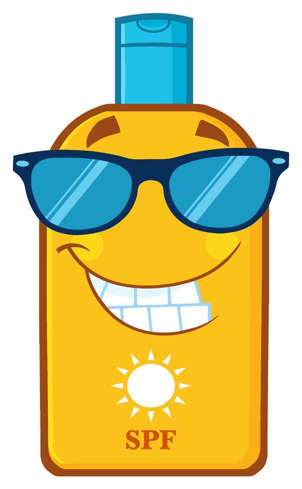 Cool sunscreen bottle with sunglasses and a confident smile, fun summer character vector
