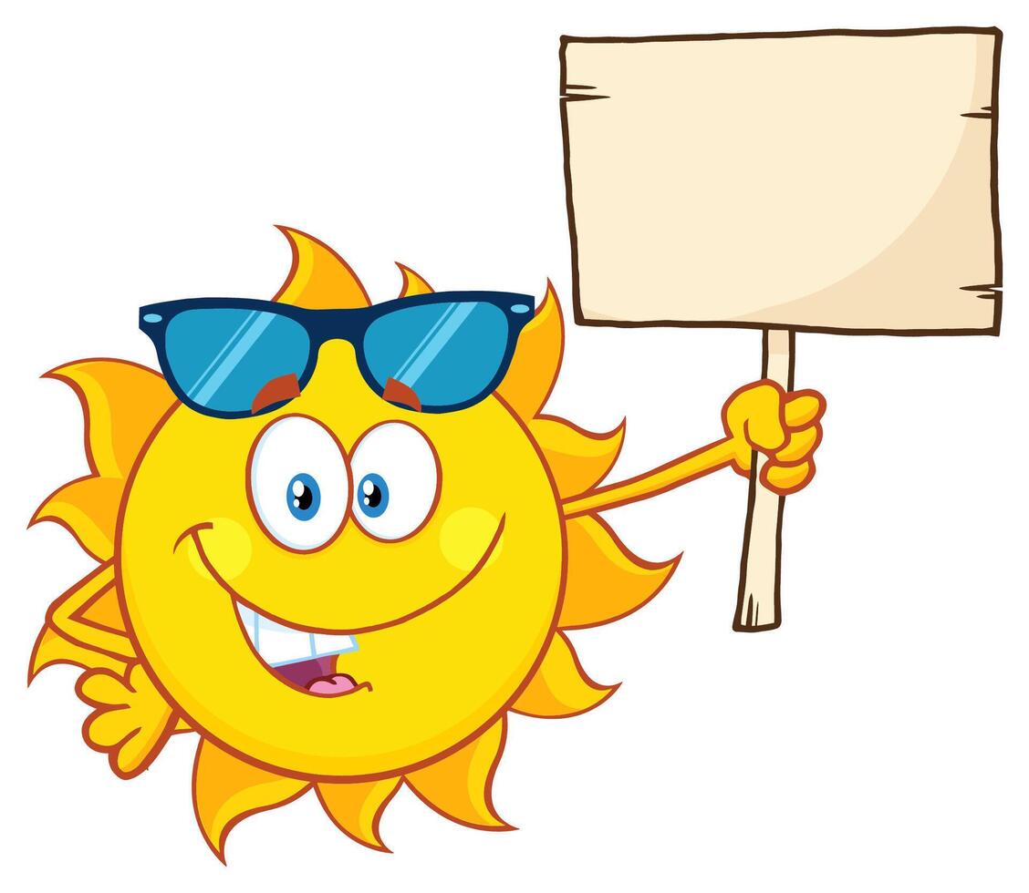 Cheerful sun with stylish sunglasses and a wooden sign, ready for advertisement text vector