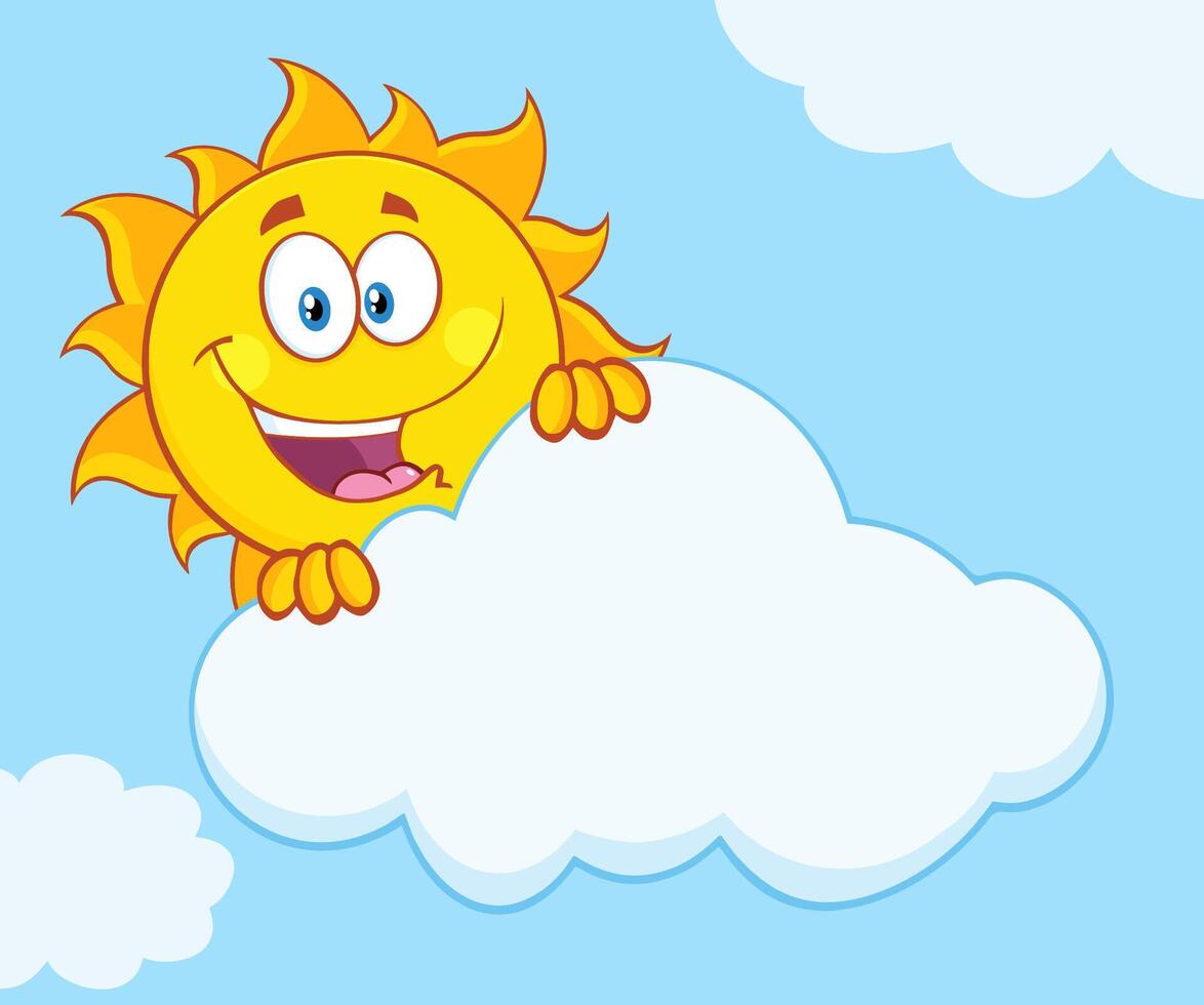 Graphic illustration of a sun with a friendly expression, emerging from behind a white cloud vector