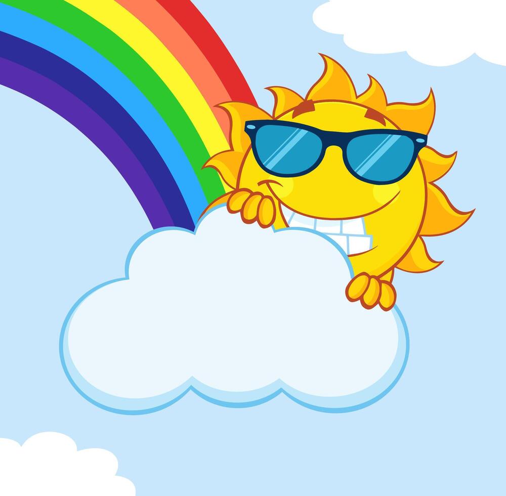 Happy sun with a blue sky, clouds, and a bright rainbow, symbol of summer vibes vector
