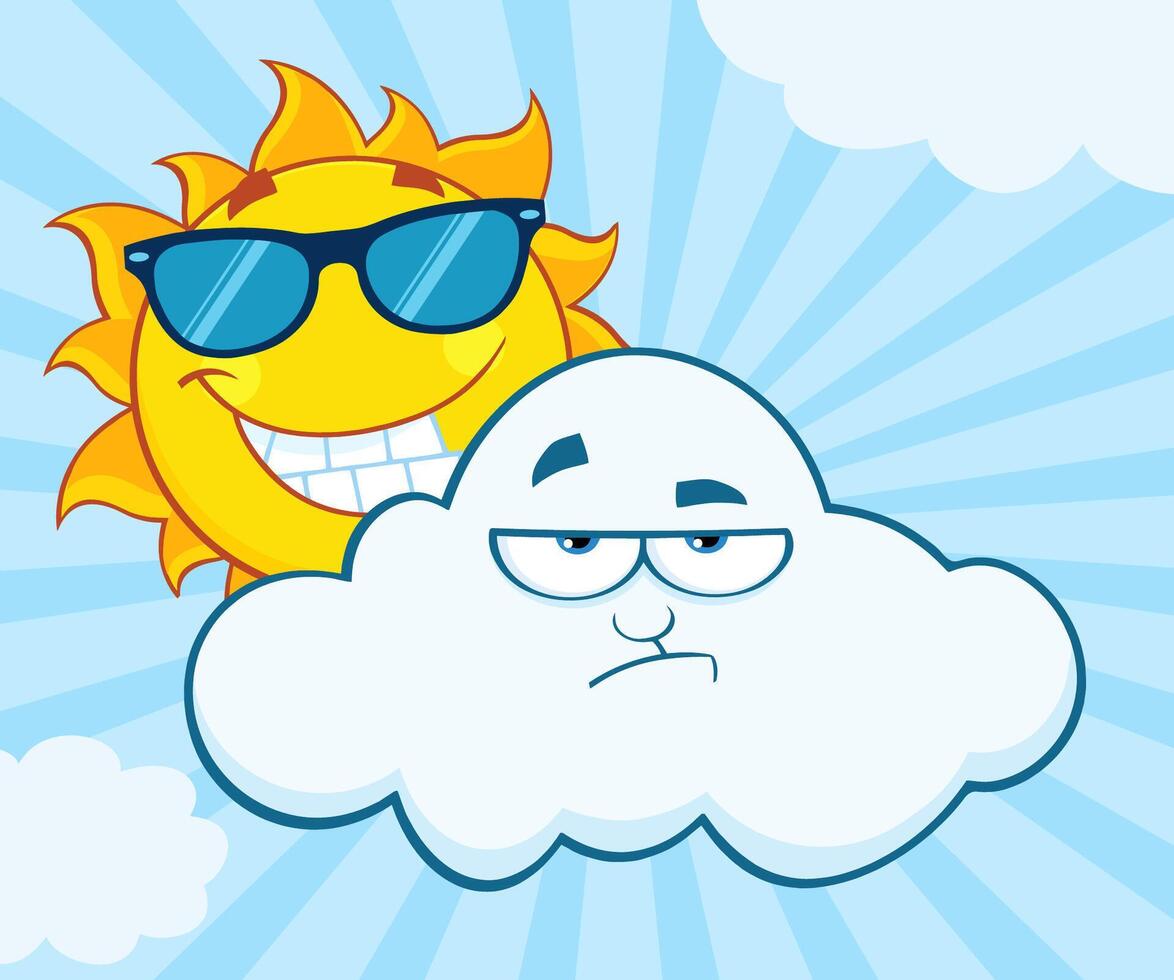 Cartoon sun with a confident expression and an annoyed cloud, symbolizing opposite moods vector