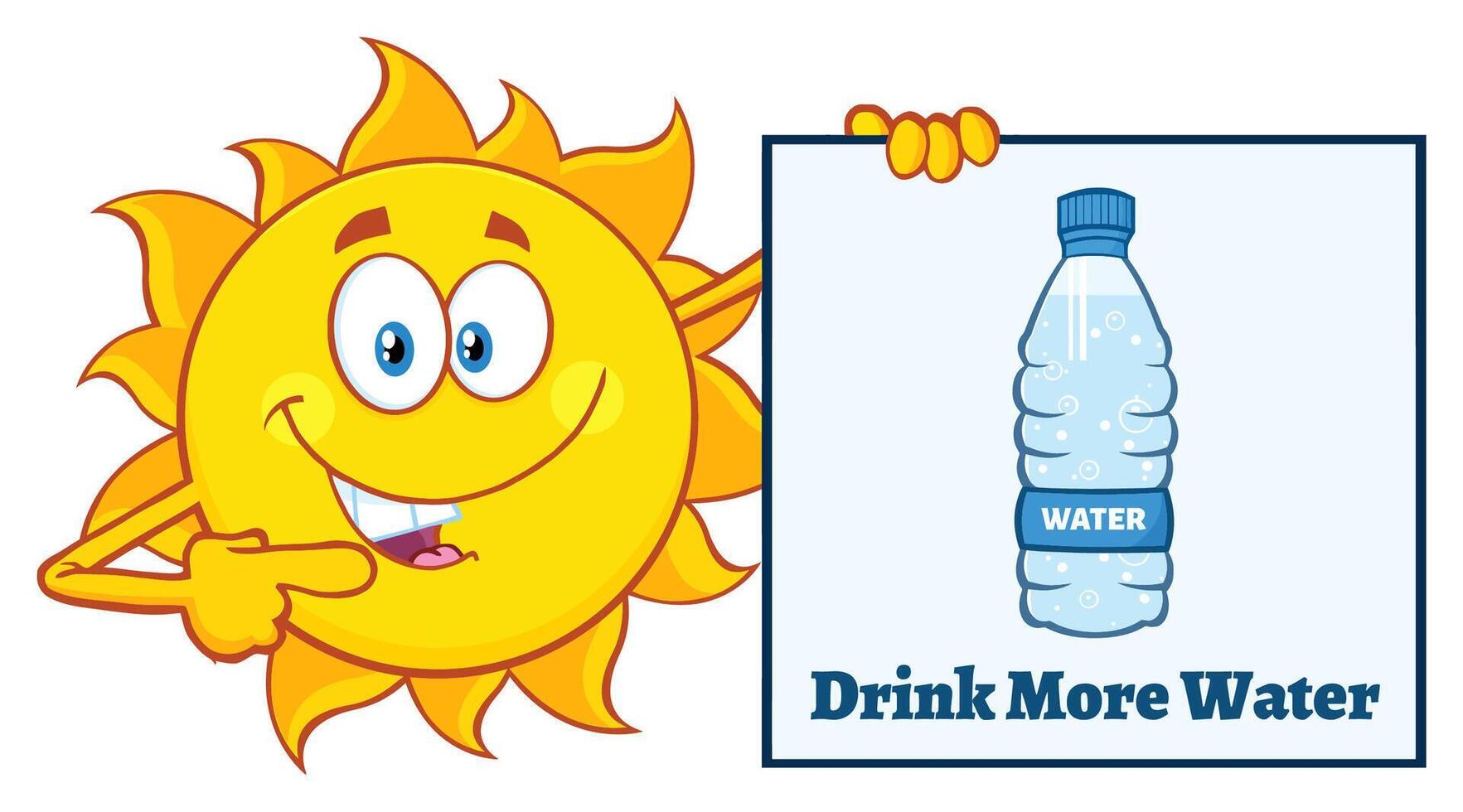 Comical illustration of a sun with a sign reminding about the importance of water for the body vector