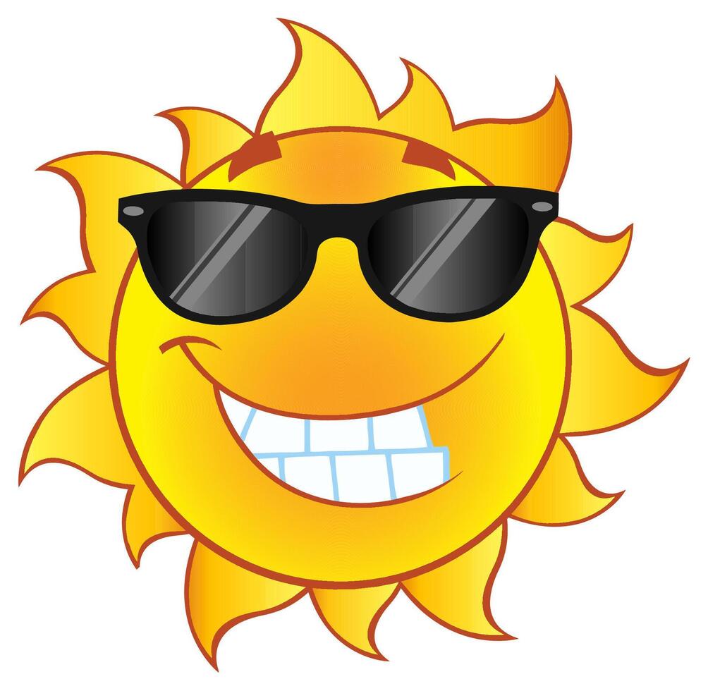 Smiling sun with sunglasses and white teeth, cheerful cartoon character with a bright yellow face and orange rays vector