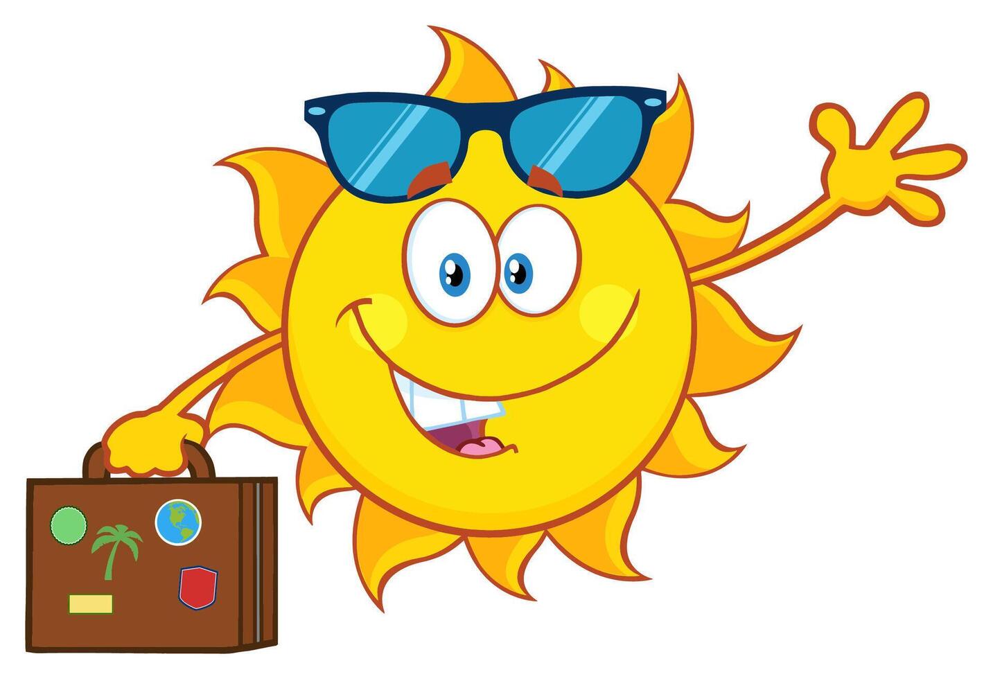 Cheerful sun with a suitcase, ready for vacation, symbol of summer travel vector