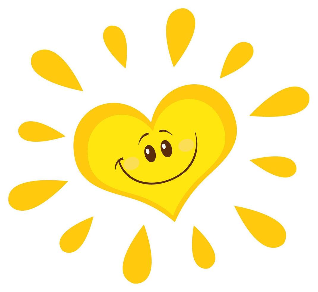 Happy heart-shaped sun with smiling eyes and bright rays, positive illustration vector