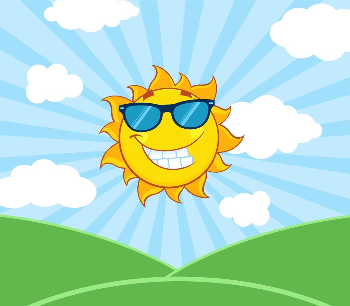 Cheerful sun with sunglasses and a cloudy sky, summer illustration with a positive vibe vector