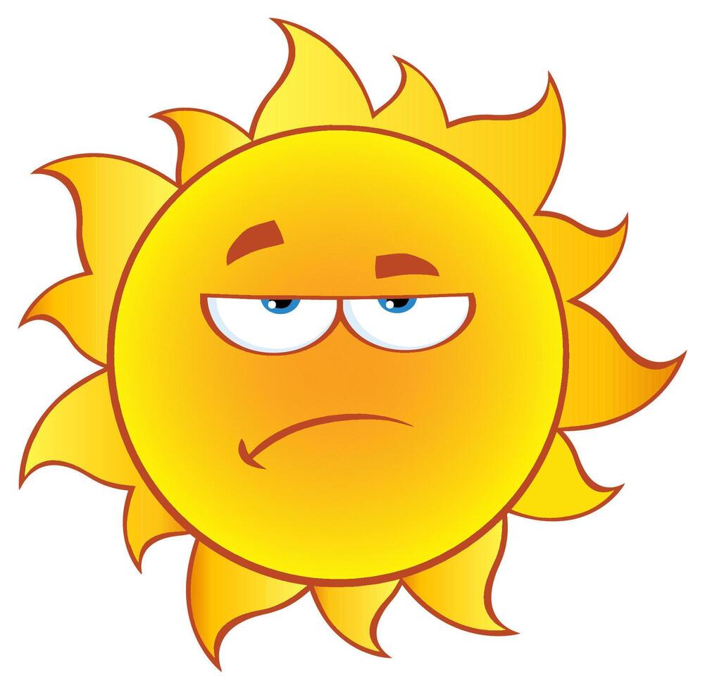 Indifferent sun with lowered eyebrows and a slightly frowning mouth, symbol of boredom and apathy vector