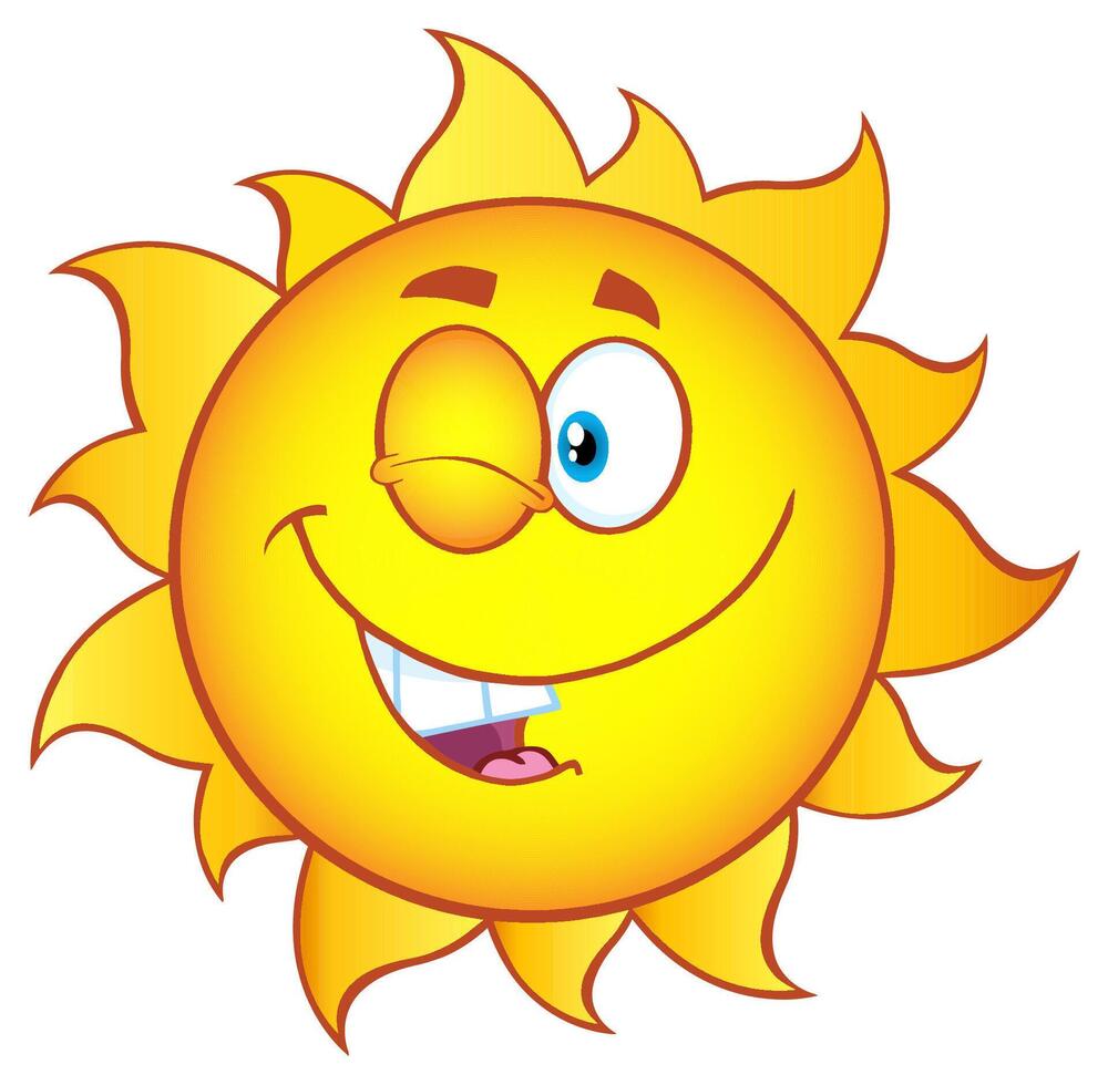Funny yellow sun with a playful wink, smile, and warm golden rays, joyful illustration vector