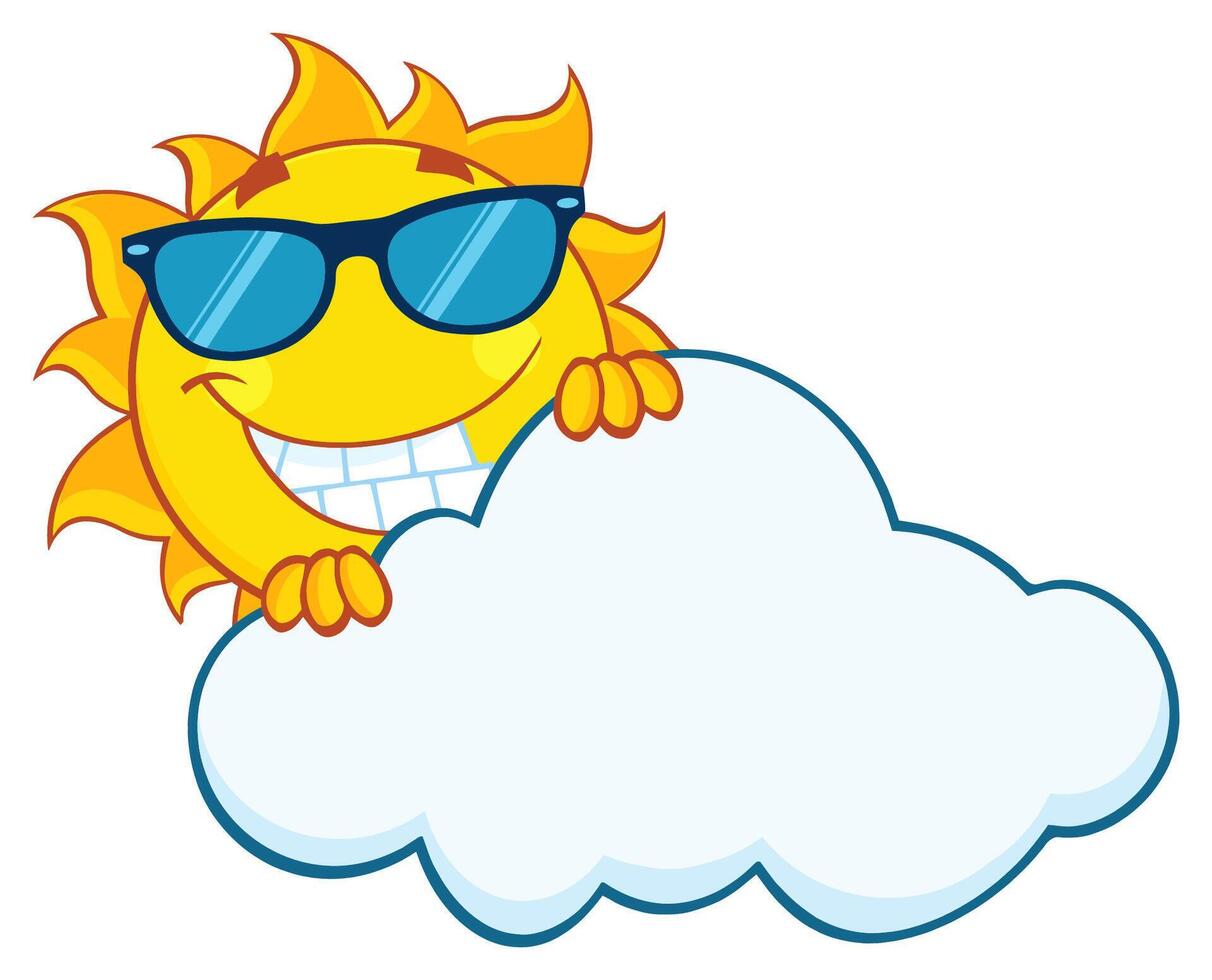 Cartoon sun with dark sunglasses and a playful expression, hiding behind a cloud vector