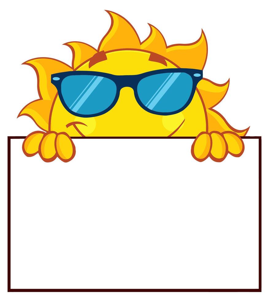 Funny sun with sunglasses and a smile, hiding behind a blank banner vector