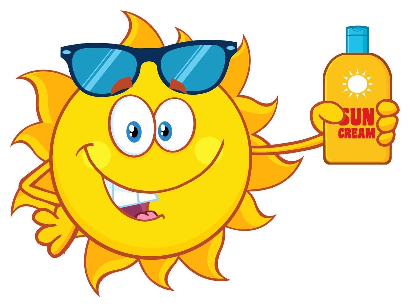 Cheerful sun with a big smile and sunscreen, symbol of summer vector
