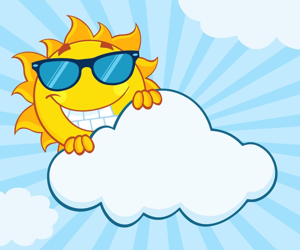 Cartoon sun with a confident expression, hiding behind a cloud on a blue background vector