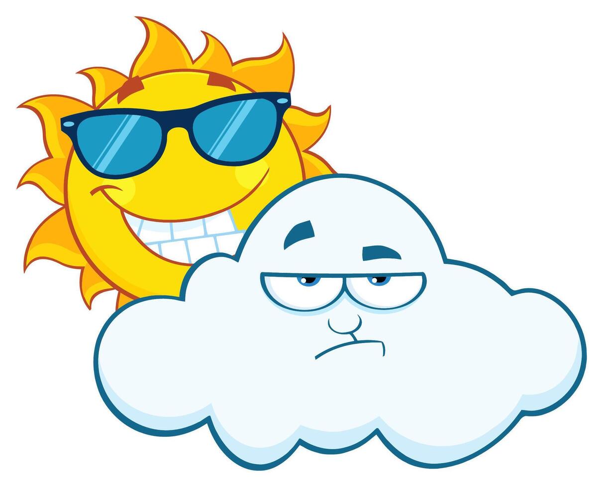 Cheerful sun with dark sunglasses and a bright smile, while the cloud looks bored vector