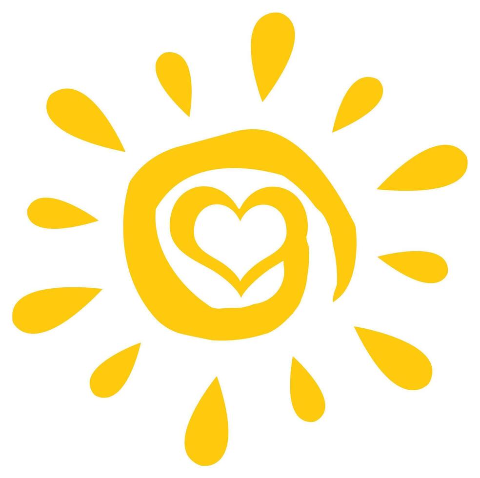 Yellow sun with an inspiring design and heart, symbol of love and light vector