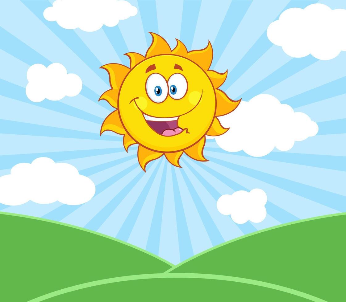 Comical sun with a confident smile, dominating a summer pastoral landscape vector