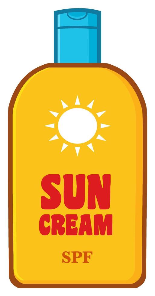 Brightly colored sunscreen bottle with bold lettering, iconic summer design vector