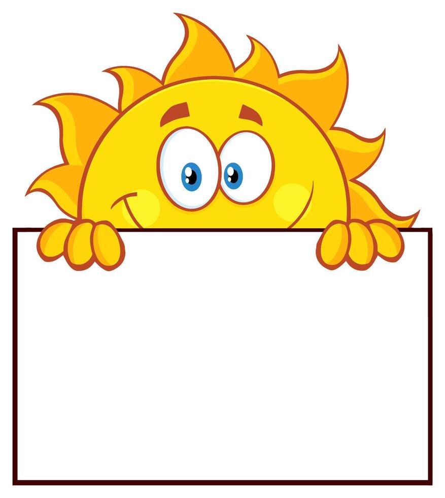 Happy sun with big blue eyes and a playful expression, holding a blank sign vector