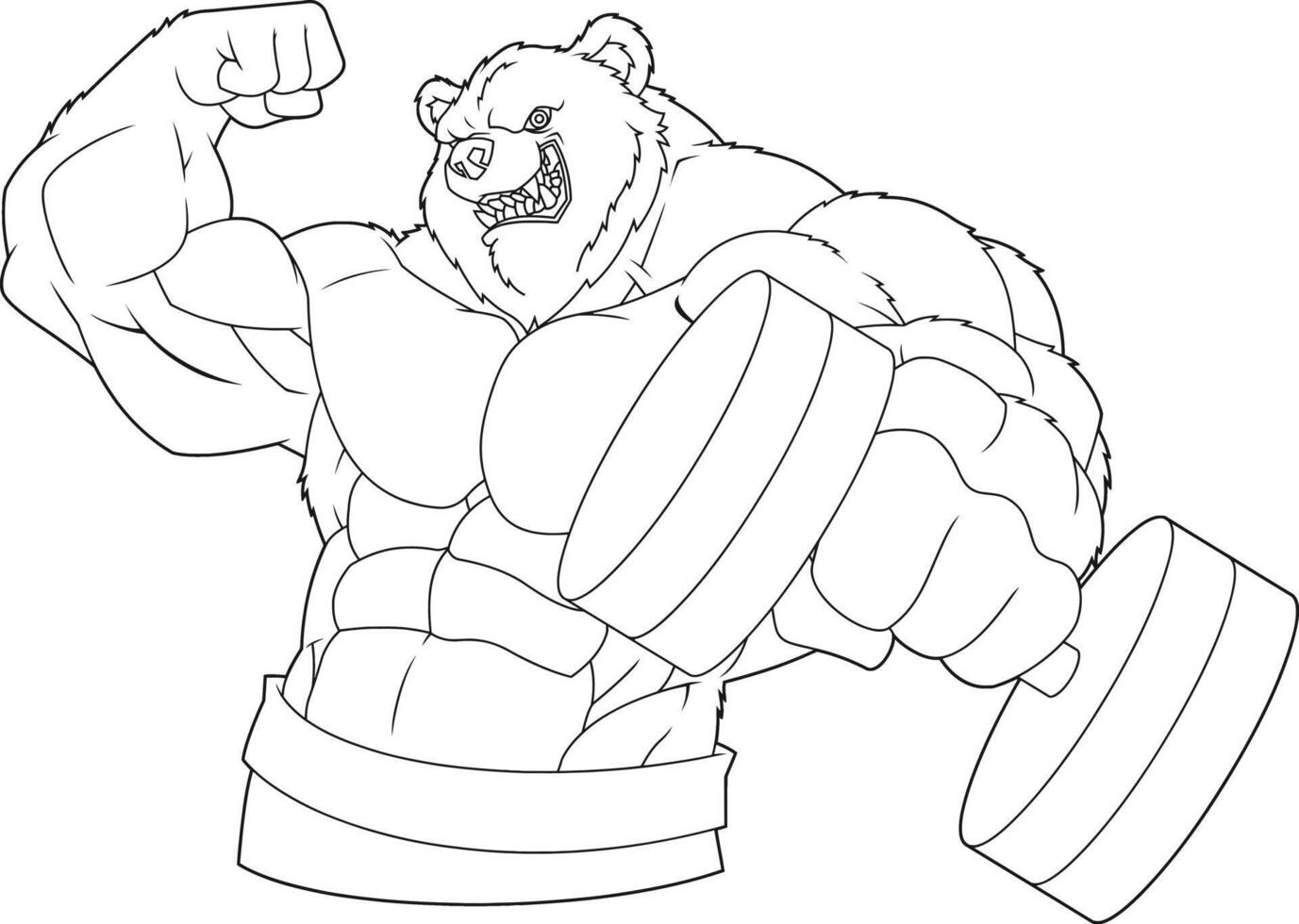 Muscled Grizzly Bear Lifting Heavy Dumbbells with Aggressive Expression vector